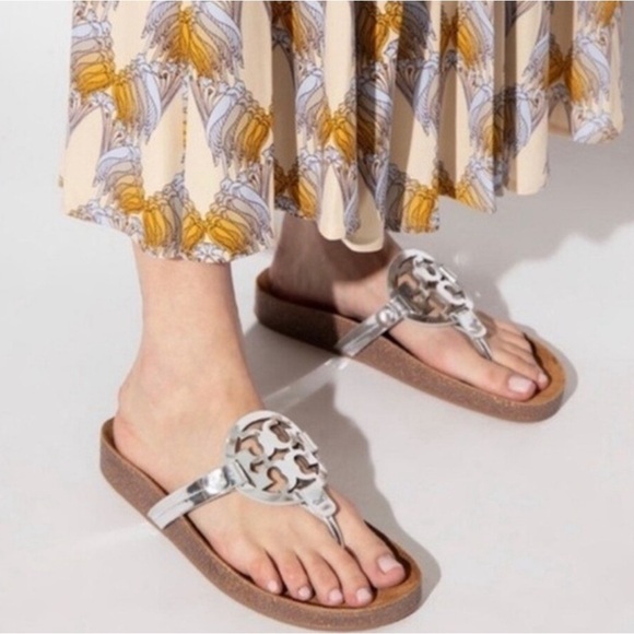 Tory Burch Miller Cloud Metallic Silver Cork Sole Sandals US7 - Picture 1 of 14